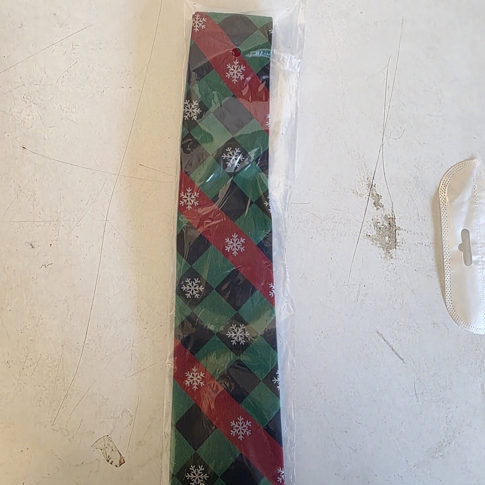 Festive Green and Red Checkered Tie with Snowflakes - Picture 2 of 2